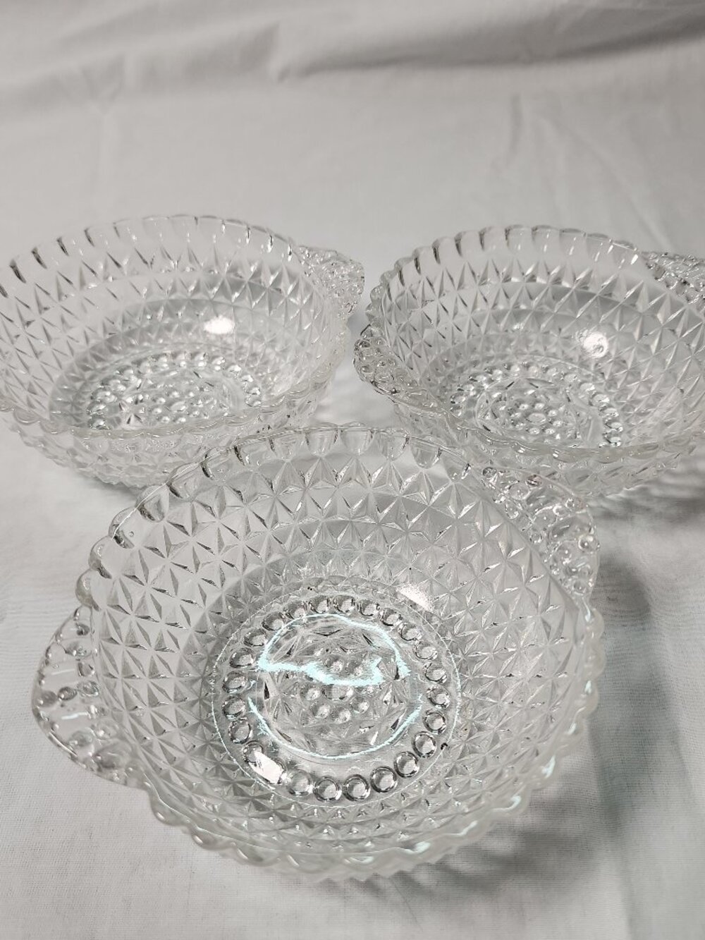 Set of 3 Vintage Clear Pressed Glass Berry Bowls, Diamond Cut Shovel Pattern